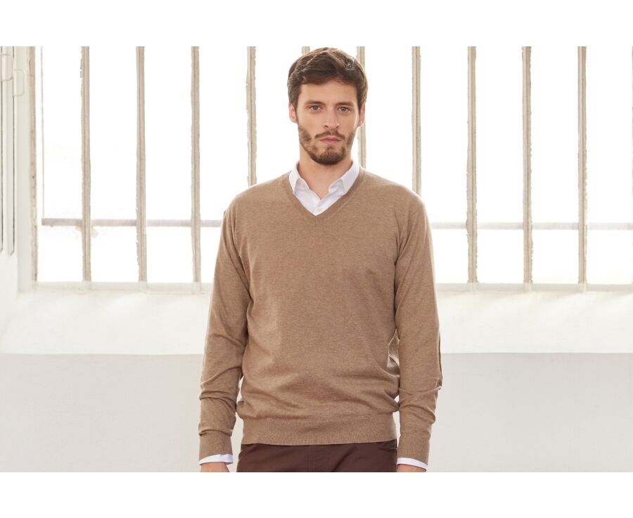 Pull fin homme coton bio/cachemire col V Taupe Chiné - VADIM