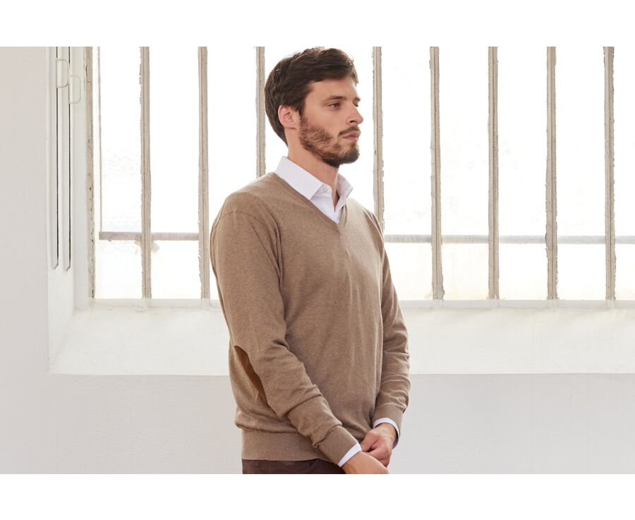 Pull fin homme coton bio/cachemire col V Taupe Chiné - VADIM