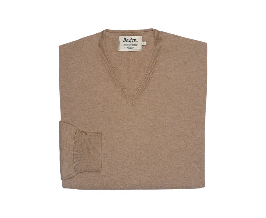 Pull fin homme coton bio/cachemire col V Taupe Chiné - VADIM