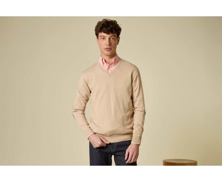 Pull coton homme fin Pima/cachemire col V Beige Chiné - VADIM