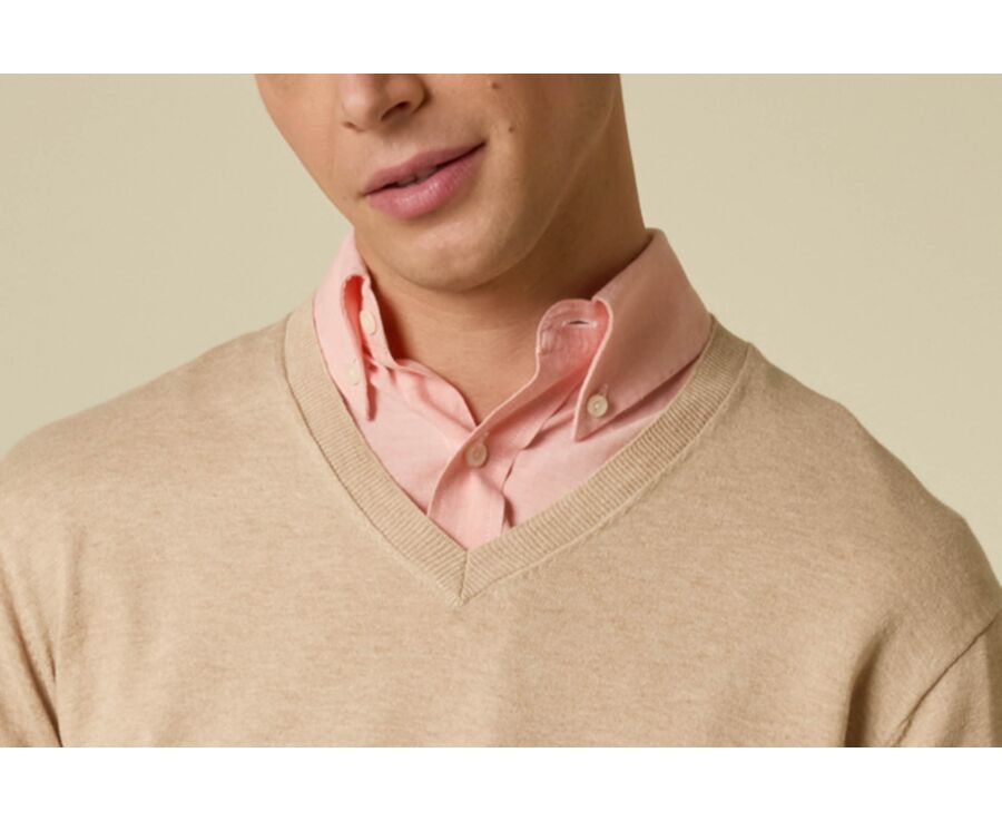 Pull coton homme fin bio/cachemire col V Beige Chiné - VADIM