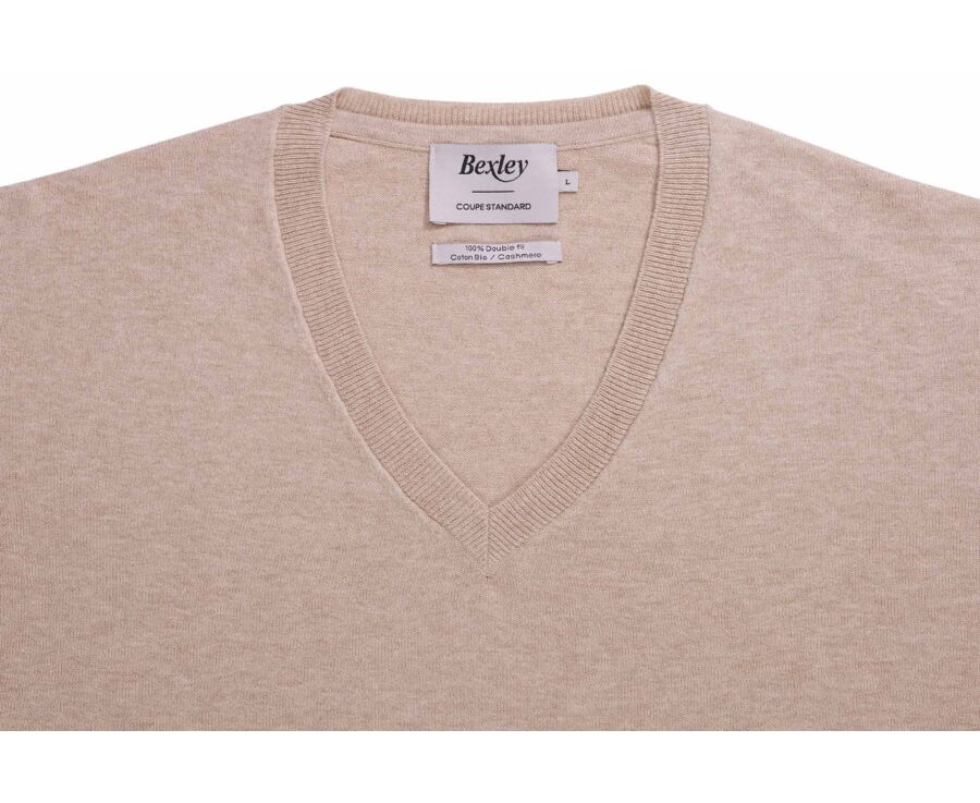 Pull coton homme fin bio/cachemire col V Beige Chiné - VADIM