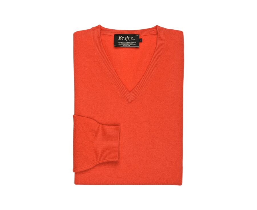Pull homme laine col V Orange Feu - ELOUAN