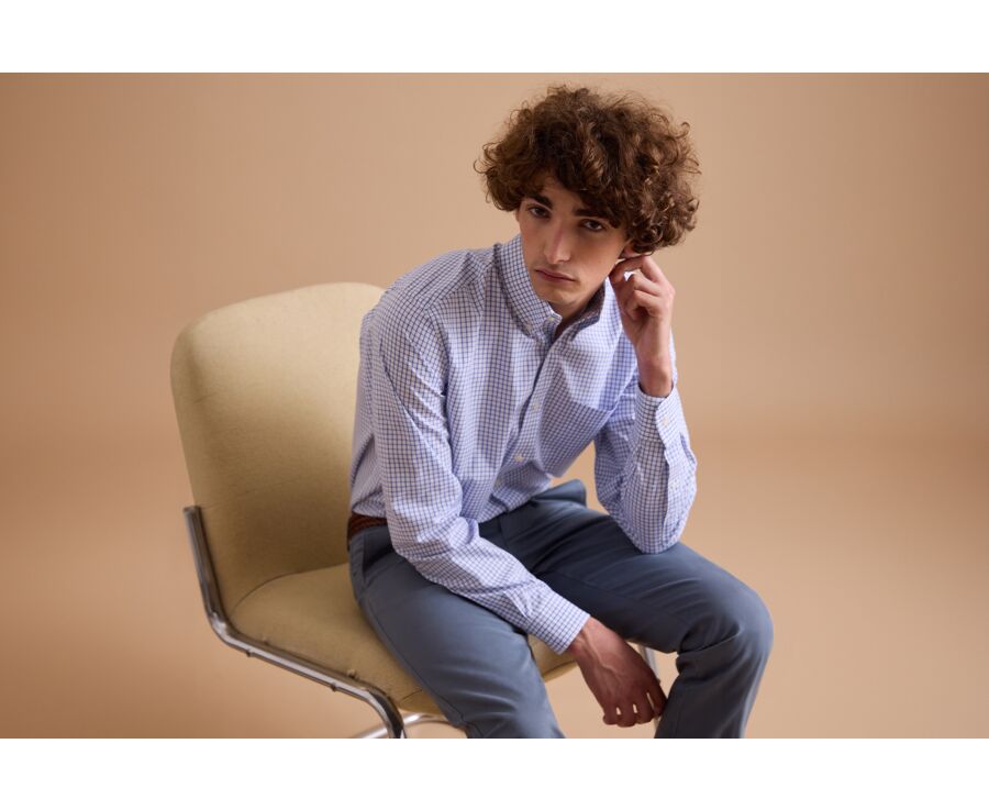 Chemise blanche carreaux bleus - Col américain - GRAYSON