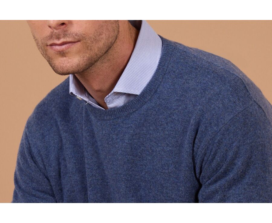 Pull homme col rond bleu foncé chiné en laine d'agneau - CONAN