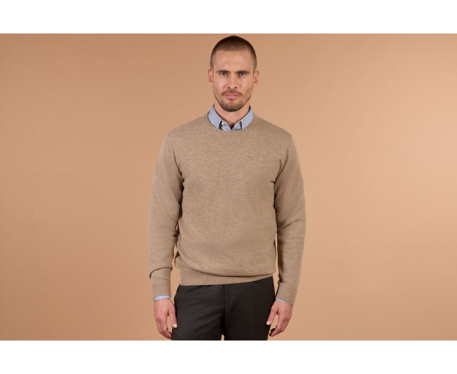 Pull homme col rond taupe chiné clair en laine d'agneau - CONAN