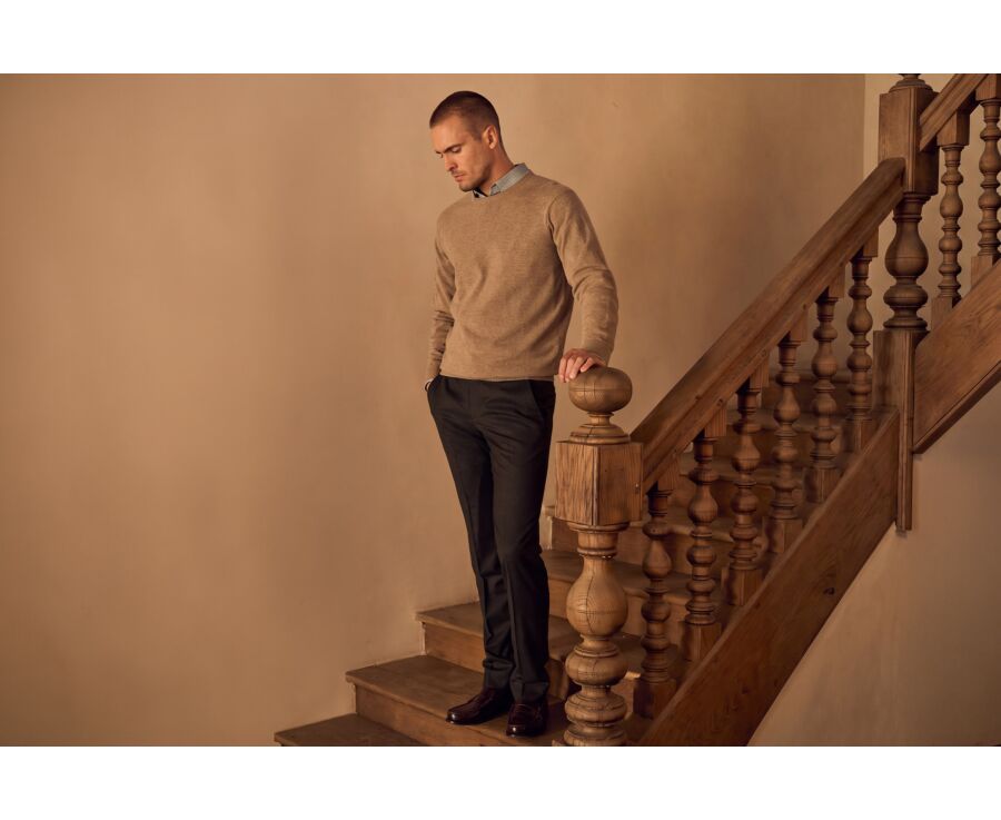 Pull homme col rond taupe chiné clair en laine d'agneau - CONAN