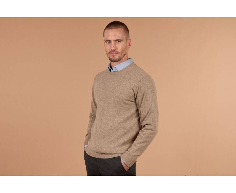 Pull homme col rond taupe chiné clair en laine d'agneau - CONAN