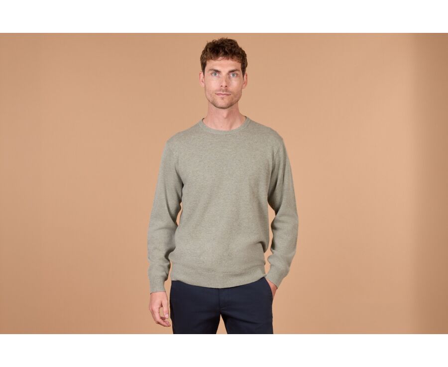 Pull homme col rond kaki clair chiné en laine d'agneau - CONAN