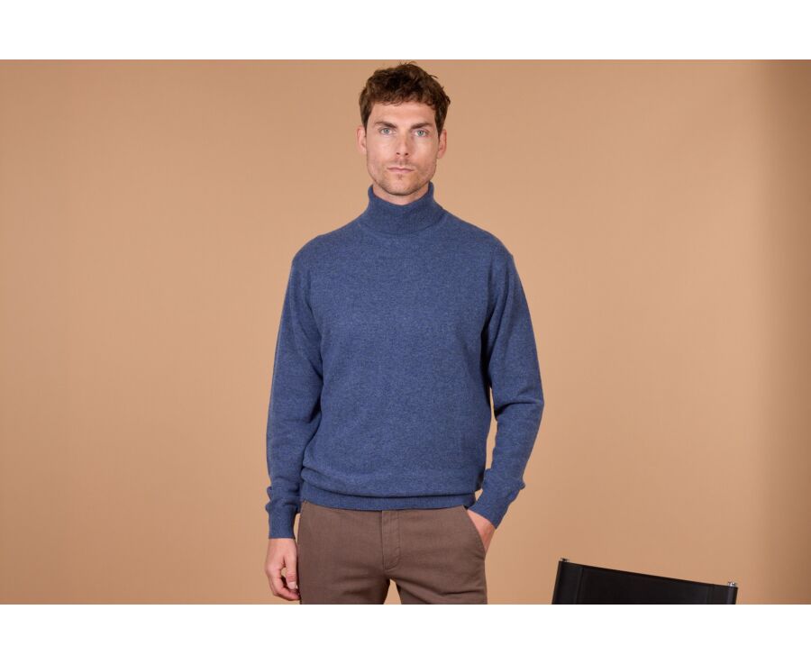 Pull homme col roulé bleu foncé chiné en laine d'agneau - EMERIC