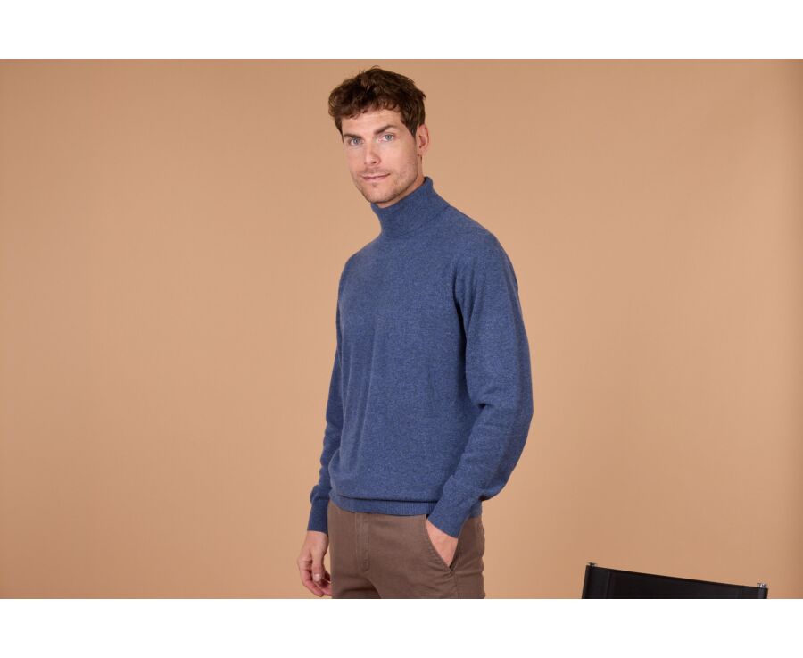 Pull homme col roulé bleu foncé chiné en laine d'agneau - EMERIC