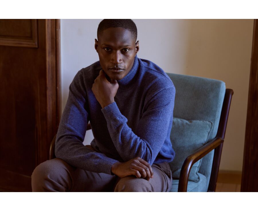 Pull homme col roulé bleu foncé chiné en laine d'agneau - EMERIC