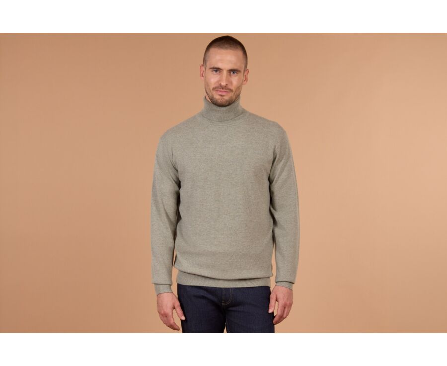Pull homme col roulé kaki clair chiné en laine d'agneau - EMERIC