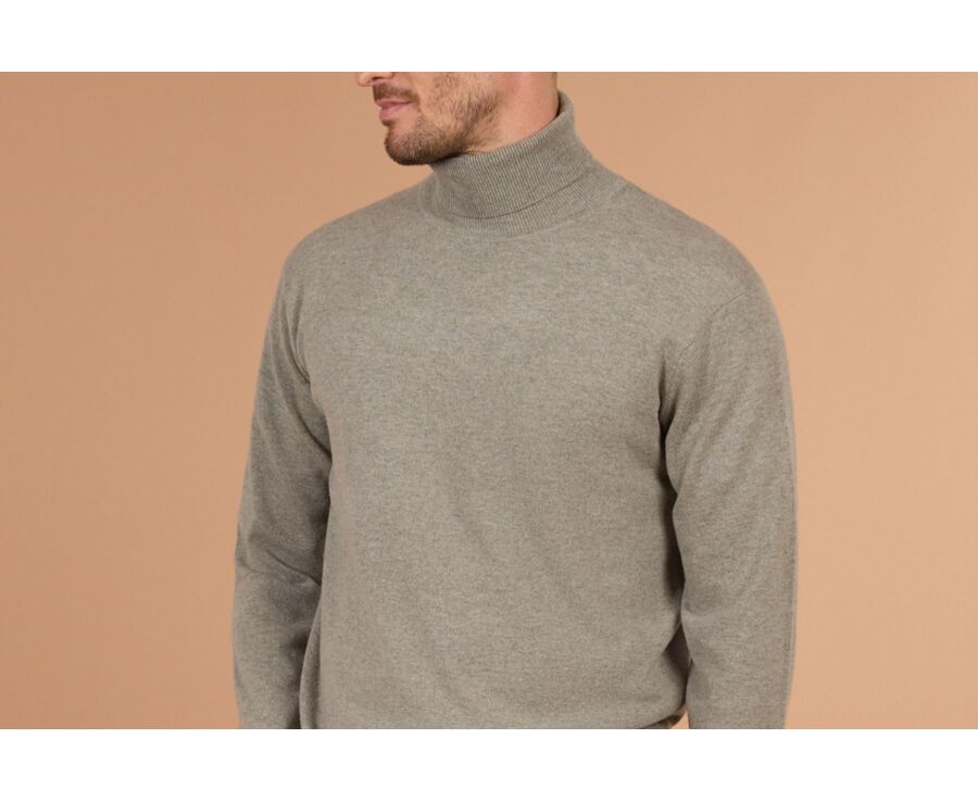 Pull homme col roulé kaki clair chiné en laine d'agneau - EMERIC