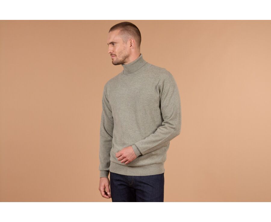 Pull homme col roulé kaki clair chiné en laine d'agneau - EMERIC