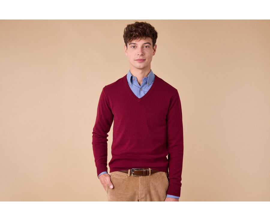 Pull homme laine col V - Bordeaux - ELIAN