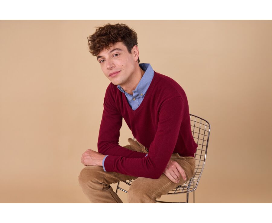Pull homme laine col V - Bordeaux - ELIAN