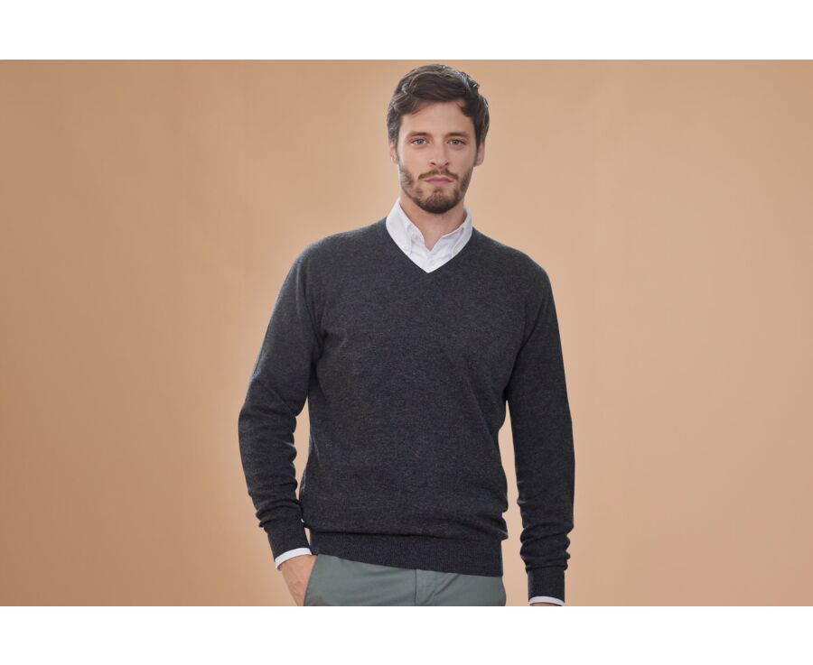 Pull homme laine col V Gris Anthracite Chiné - ELIAN