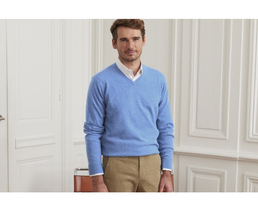 Pull homme laine col V Bleu chiné - ELIAN