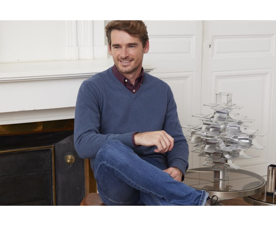 Pull col V homme laine Bleu Pétrole - ELIAN