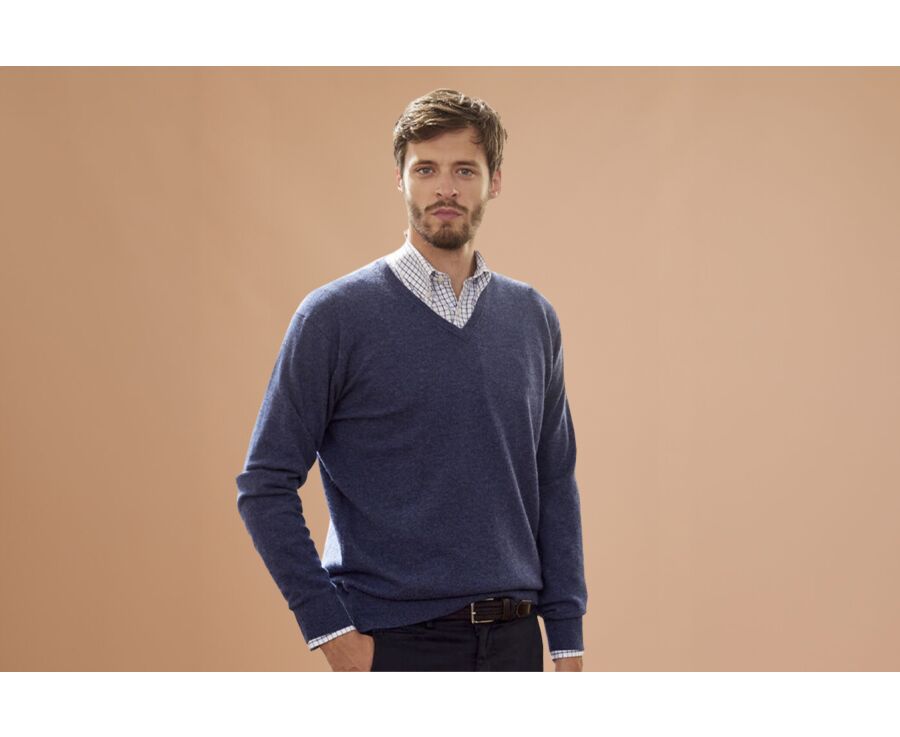 Pull col V homme laine Bleu Foncé Chiné - ELIAN