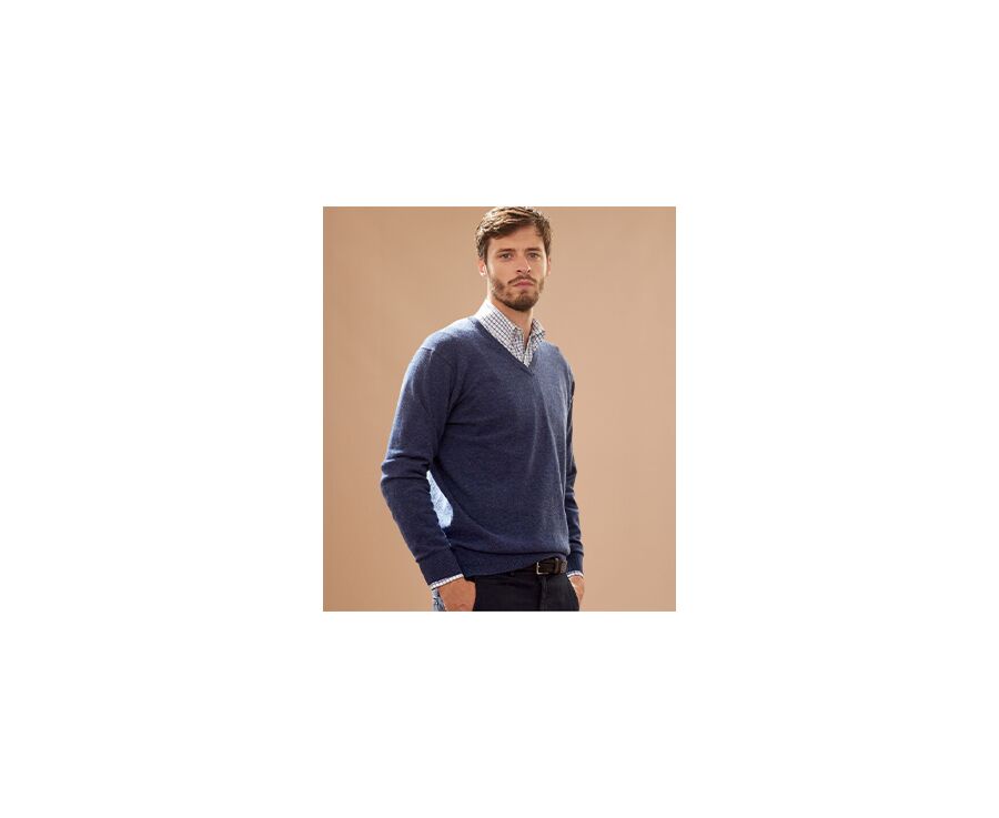 Pull col V homme laine Bleu Foncé Chiné - ELIAN