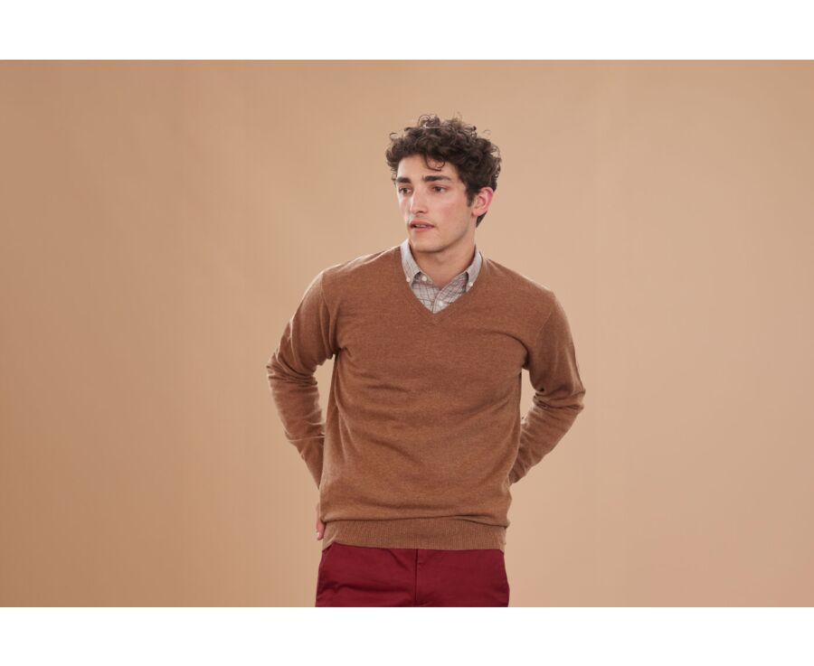 Pull homme laine col V Noisette Chiné - ELIAN