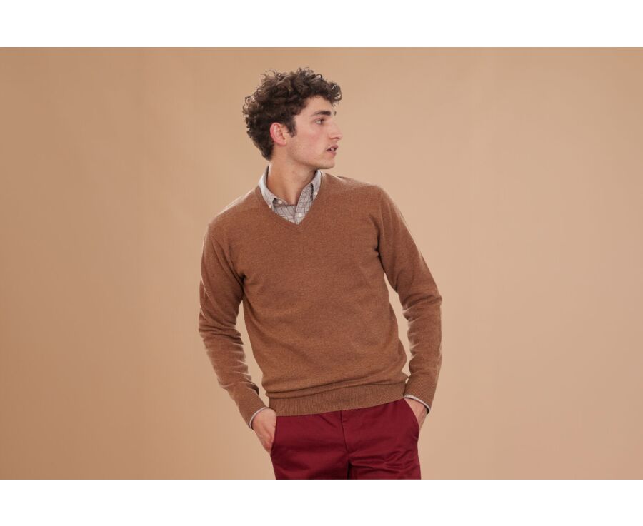 Pull homme laine col V Noisette Chiné - ELIAN