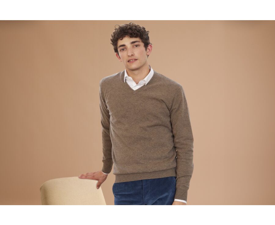 Pull col V homme laine Gris Taupe Chiné - ELIAN