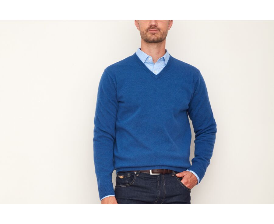 Pull col V homme laine Bleu denim - ELIAN