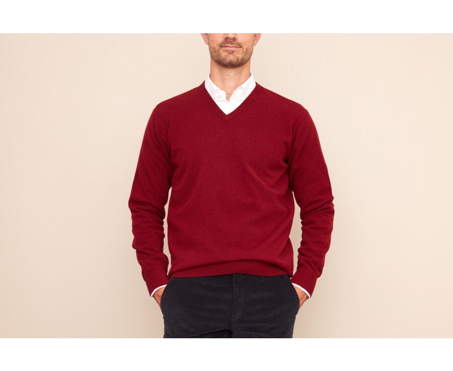 Pull col V homme laine Rouge sombre - ELIAN