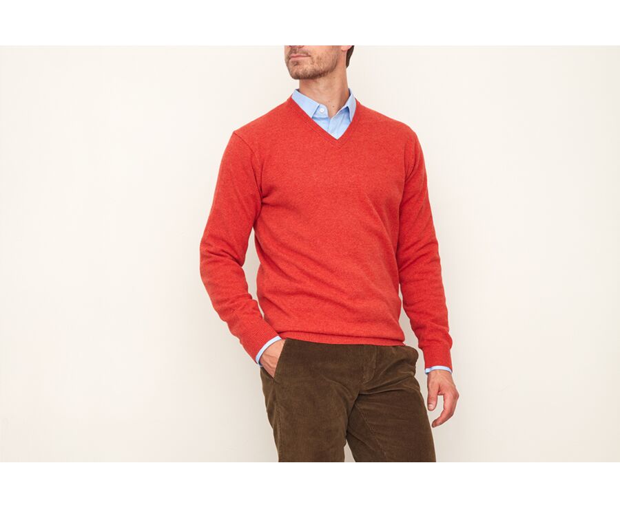 Pull homme laine col V Feu chiné - ELIAN
