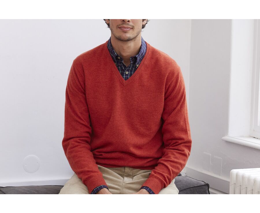 Pull col V homme laine Rouge Ambre - ELIAN