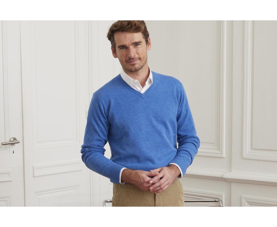 Pull homme laine col V Bleu mer - ELIAN