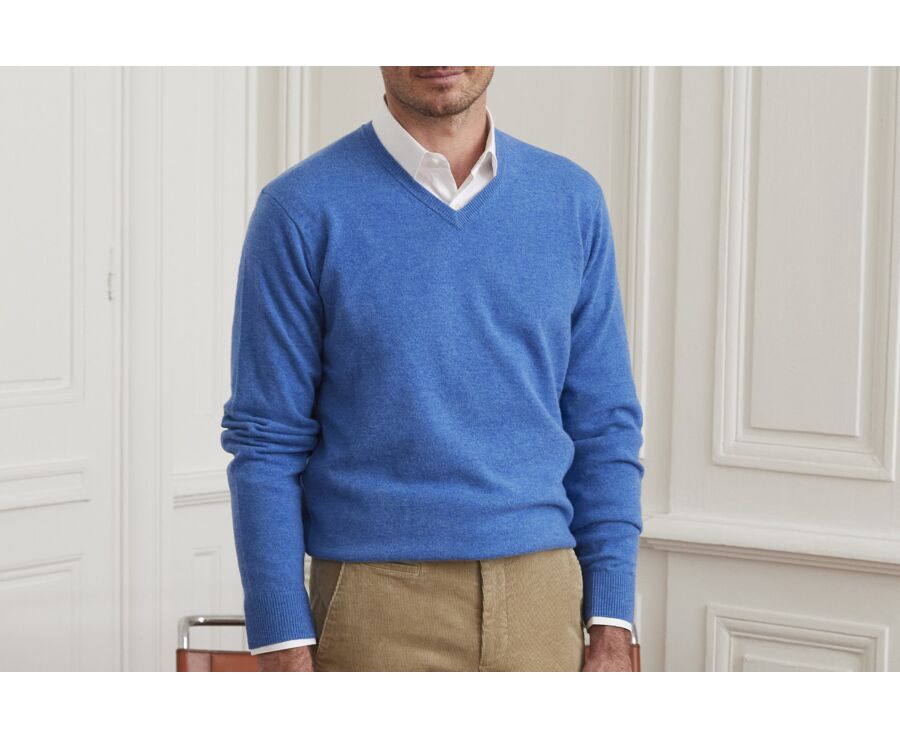 Pull homme laine col V Bleu mer - ELIAN