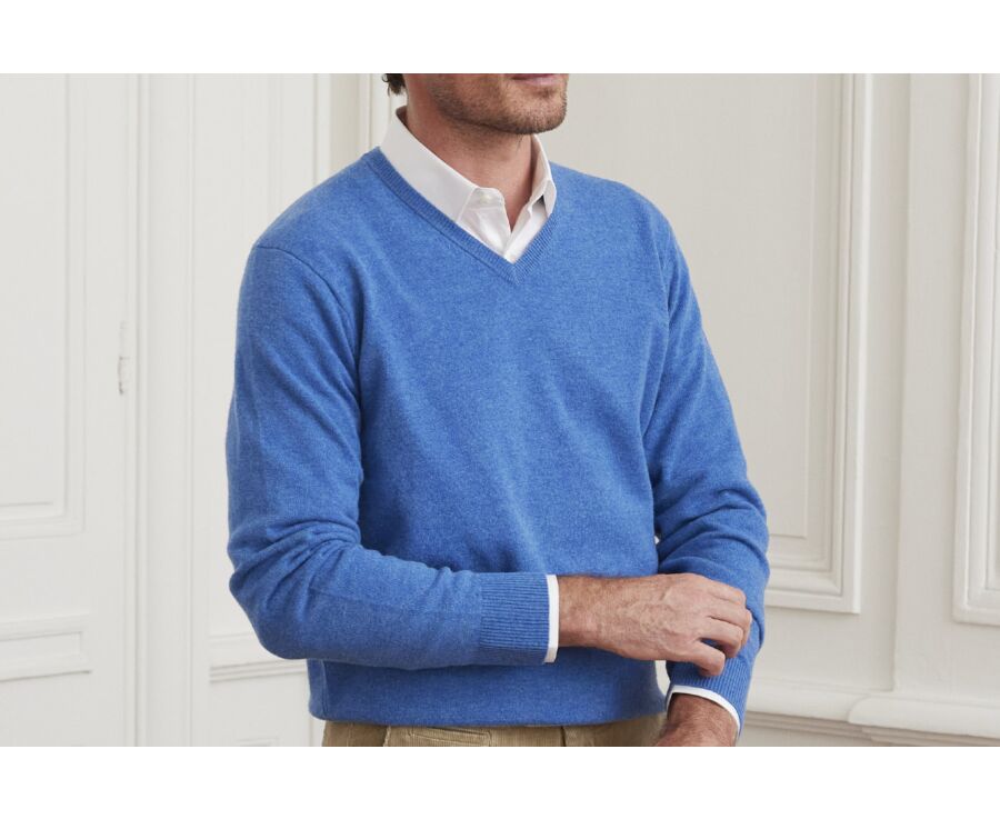 Pull homme laine col V Bleu mer - ELIAN