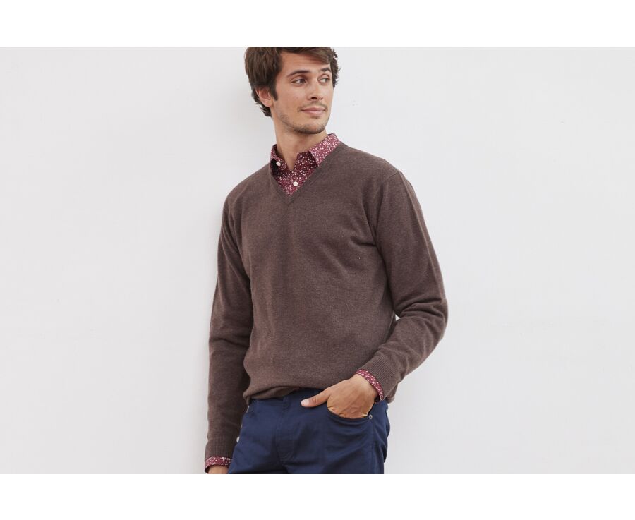 Pull col V homme laine Marron Brun - ELIAN