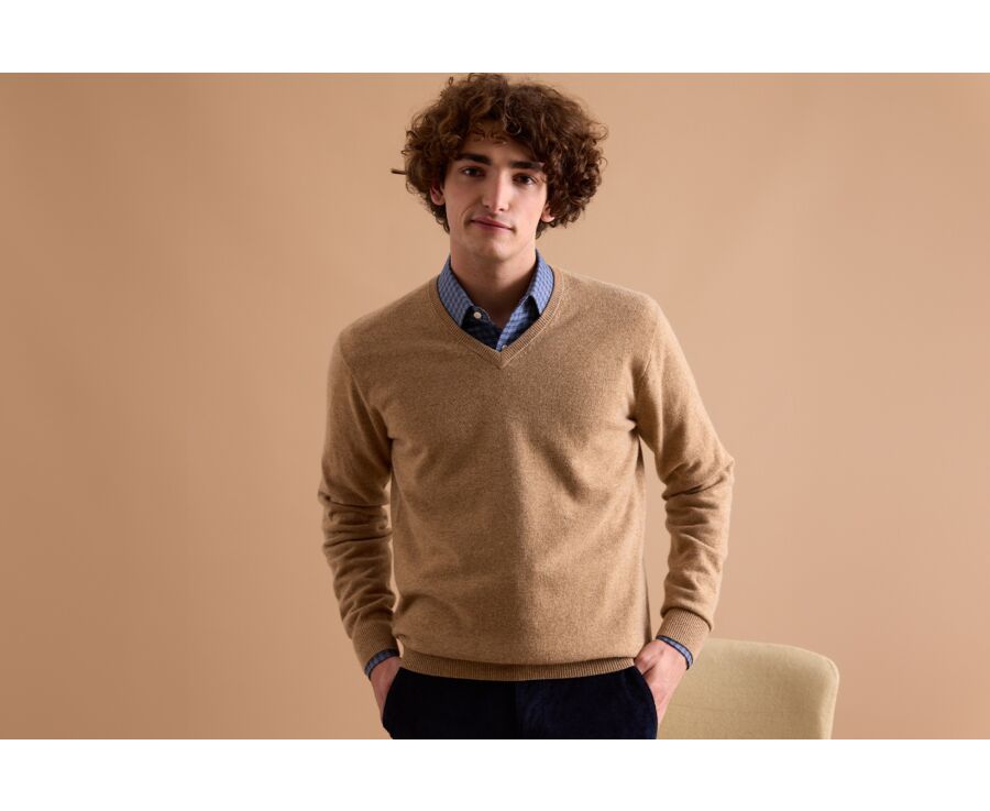 Pull homme laine col V Beige Foncé Chiné - ELIAN