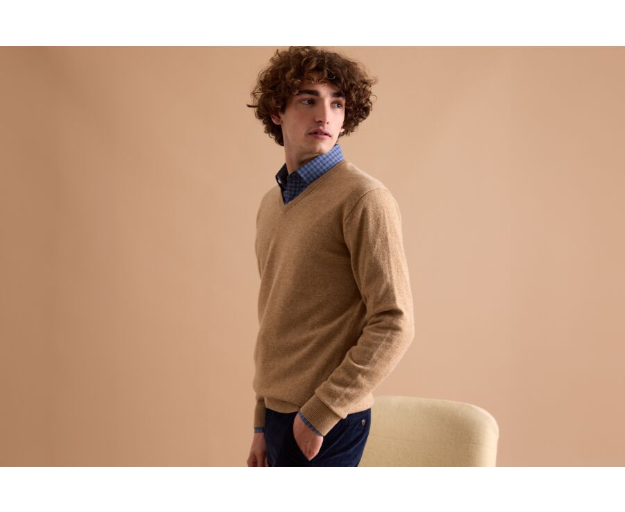 Pull homme laine col V Beige Foncé Chiné - ELIAN