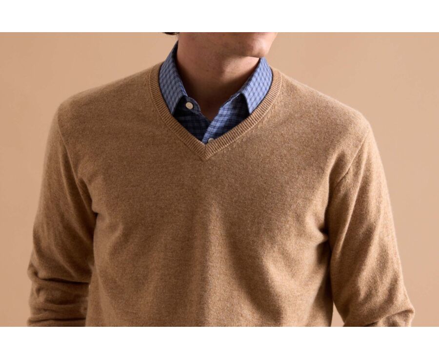 Pull homme laine col V Beige Foncé Chiné - ELIAN