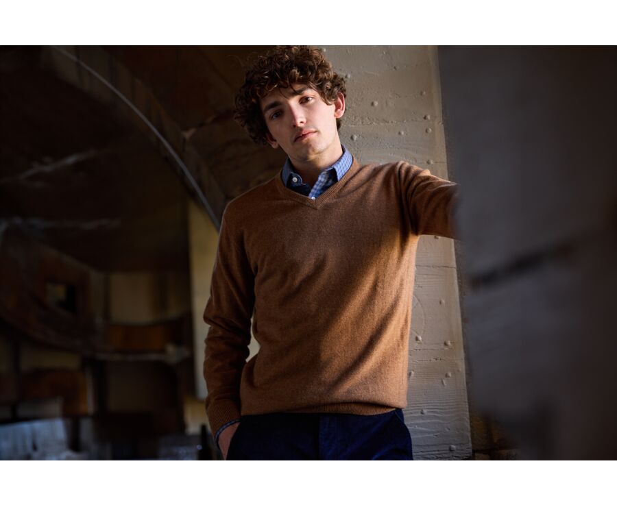 Pull homme laine col V Beige Foncé Chiné - ELIAN
