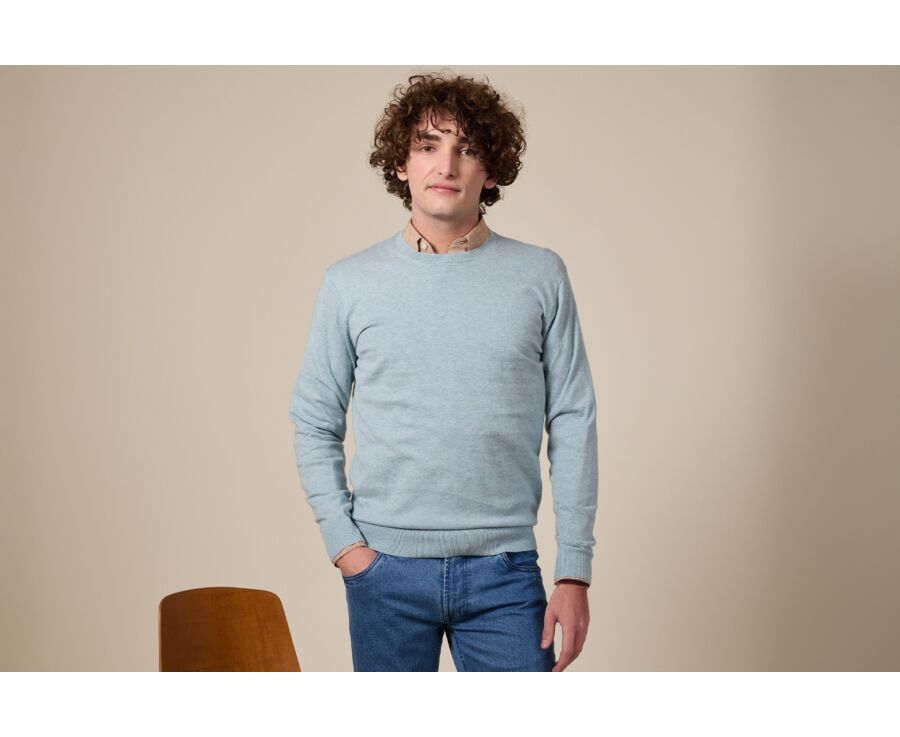 Pull col rond homme fin coton/cachemire Bleu Pastel - VLADIMIR