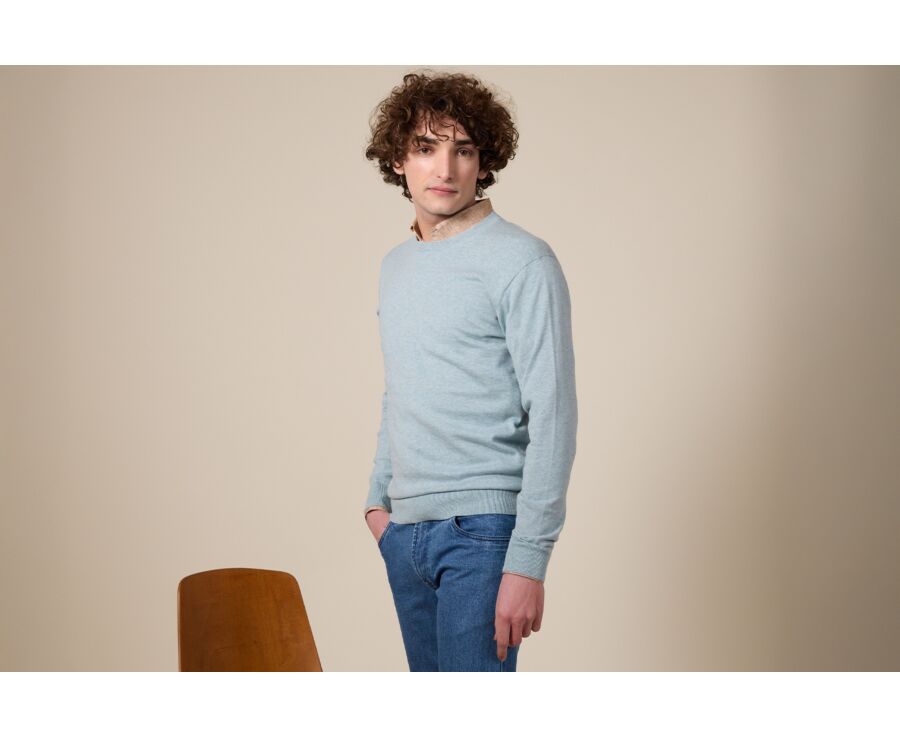 Pull col rond homme fin coton/cachemire Bleu Pastel - VLADIMIR