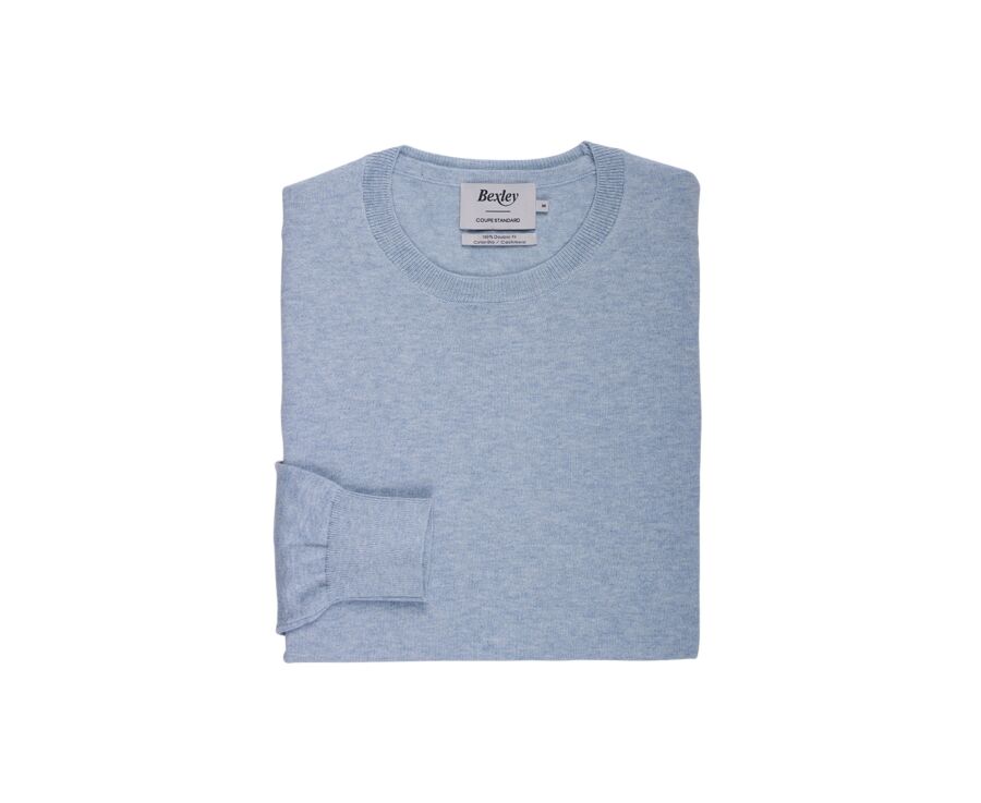 Pull col rond homme fin coton/cachemire Bleu Pastel - VLADIMIR