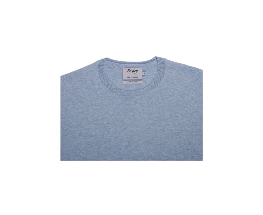 Pull col rond homme fin coton/cachemire Bleu Pastel - VLADIMIR