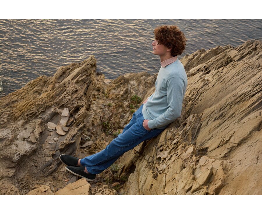 Pull col rond homme fin coton/cachemire Bleu Pastel - VLADIMIR