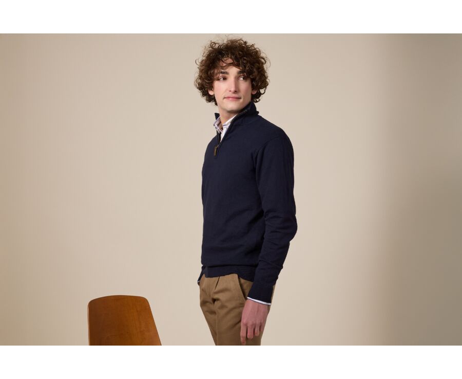 Pull col zippé homme fin coton bio/cachemire Navy - VLAD
