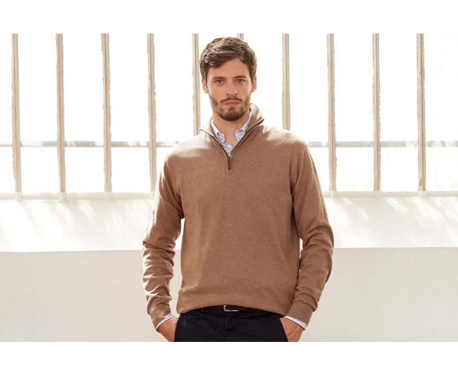 Pull col zippé homme fin coton bio/cachemire Taupe Chiné - VLAD
