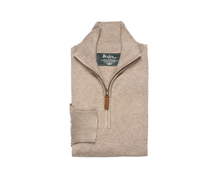 Pull col zippé homme fin coton bio/cachemire Taupe Chiné - VLAD