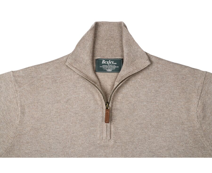 Pull col zippé homme fin coton bio/cachemire Taupe Chiné - VLAD